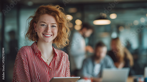 A young ginger-haired woman smiling, wearing a red and white striped shirt, holding an iPad in her hands, standing inside a modern office with other women behind her blurred out.