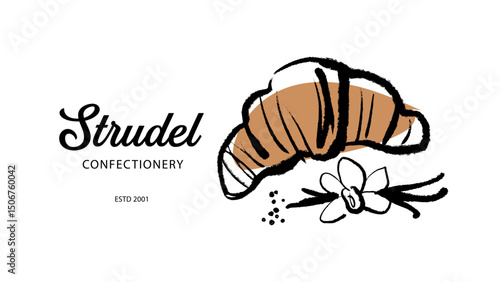 Hand drawn croissant with vanilla flower, logo for sweet pastry shop. Minimal sketch bakery vector illustration