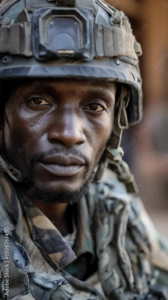 Determined soldier in camouflage gear with helmet, looking directly at the viewer. Serious expression of strength and resilience. Determined soldier in camouflage gear with helmet, looking directly at the viewer. Serious expression of strength and resilience.