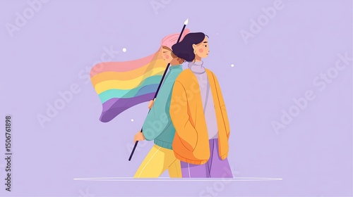 Two women stand together, shoulders touching, one holding a vibrant rainbow flag high, symbolizing unity and pride.
