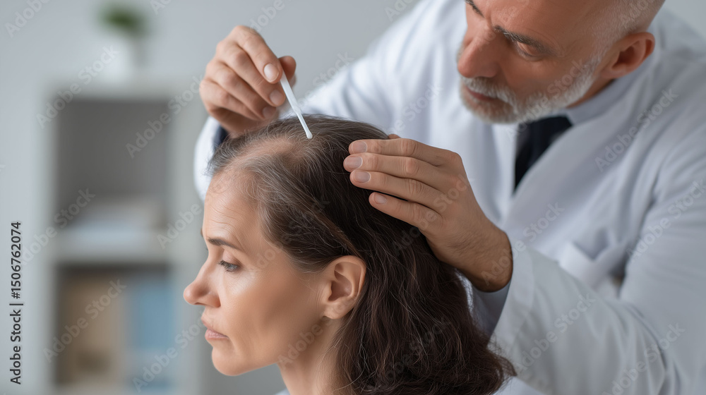 Fototapeta premium trichological and dermatological scalp examination of female patient in cosmetology clinic highlighting hair loss treatment and sample collection for Psoriasis treatment 