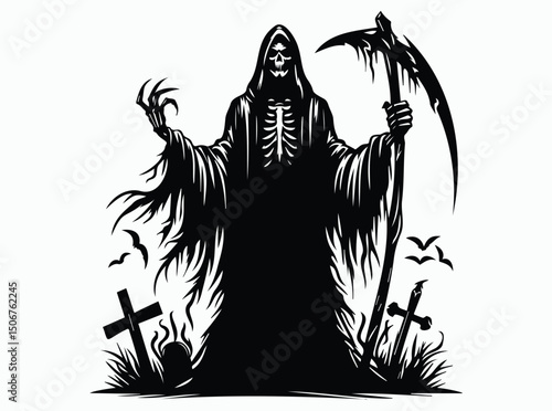 Grim Reaper Pose, Grim Reaper Action Pose, Grim Reaper Activity Pose, Grim Reaper Silhouette Black Vector Illustration