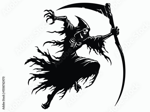 Grim Reaper Pose, Grim Reaper Action Pose, Grim Reaper Activity Pose, Grim Reaper Silhouette Black Vector Illustration