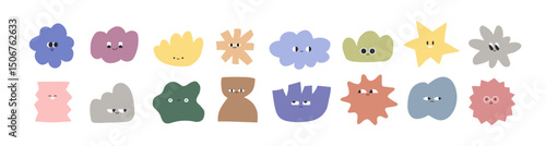 Cute abstract characters set with happy and curious face expressions, smiling emotions. Funny quirky shapes, doodle style figures, emojis. Flat vector illustration isolated on white background.