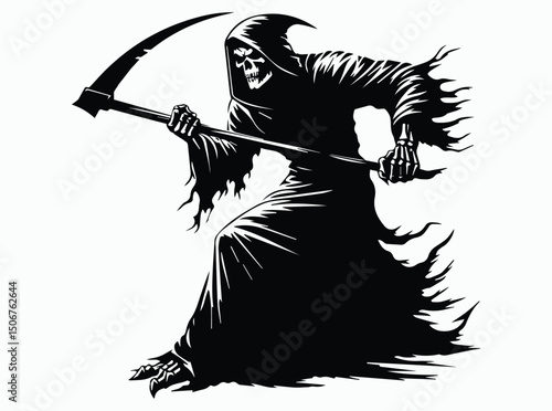 Grim Reaper Pose, Grim Reaper Action Pose, Grim Reaper Activity Pose, Grim Reaper Silhouette Black Vector Illustration