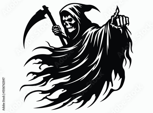 Grim Reaper Pose, Grim Reaper Action Pose, Grim Reaper Activity Pose, Grim Reaper Silhouette Black Vector Illustration