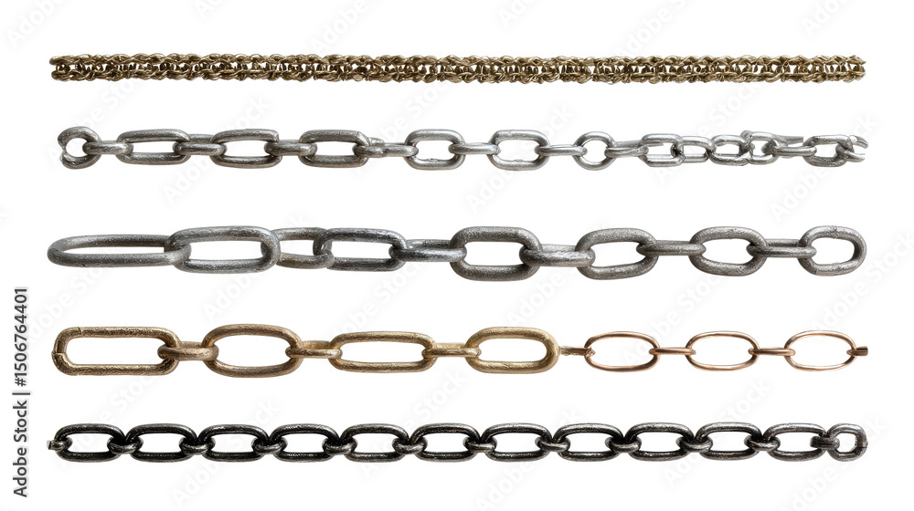 Collection of Chains: A diverse assortment of chains, showcasing various link styles, metals, and sizes, against a clean background, perfect for design projects and visual storytelling. Collection of Chains: A diverse assortment of chains, showcasing various link styles, metals, and sizes, against a clean background, perfect for design projects and visual storytelling.