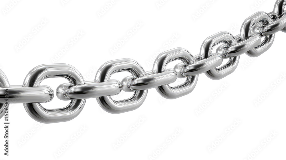 Obraz premium Shiny Chain Detail: An eye-level close-up view highlights the metallic detail of a chain, each link gleaming with a polished, reflective surface.