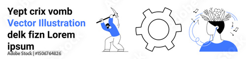 Miner with pickaxe, gear as innovation icon, and person with music and ideas above head. Ideal for creativity, productivity, innovation, brainstorming, work, education simple landing page