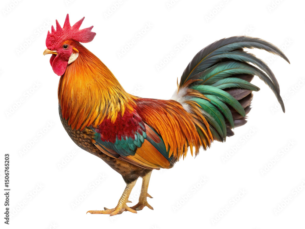 Colorful rooster standing tall, isolated on transparent background, vibrant plumage Colorful rooster standing tall, isolated on transparent background, vibrant plumage