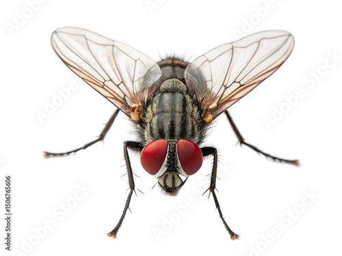Macro shot of a housefly isolated on transparent background, showcasing intricate details