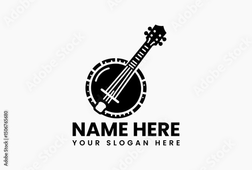 Black and white banjo vector logo illustration with ornamental details for music themed projects  
