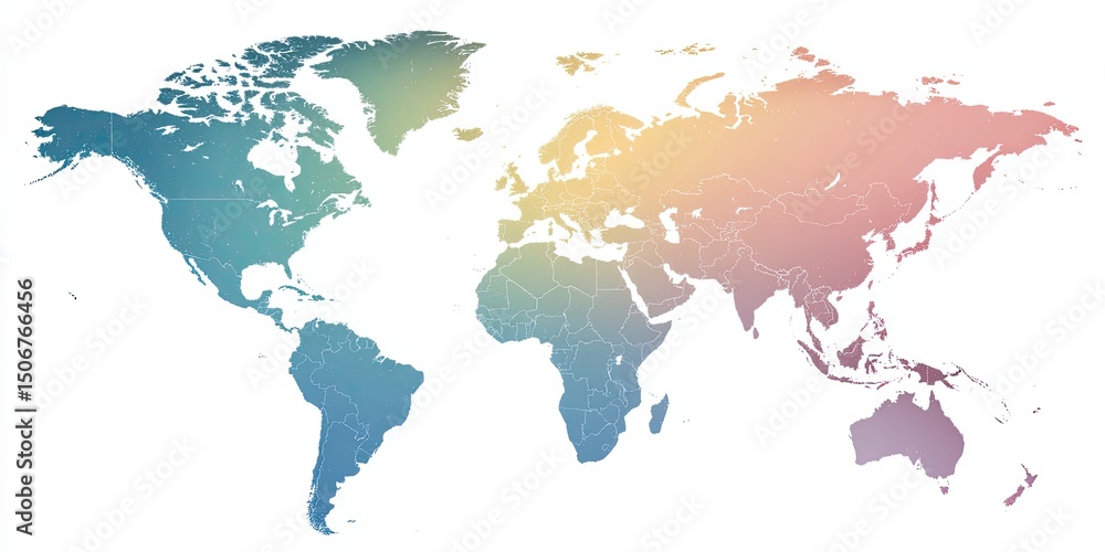 Fototapeta premium A soft pastel world map showcasing continents and countries, a gentle gradient design for a peaceful global view.
