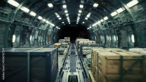 Heavy cargo crates are efficiently loaded onto an aircraft, illustrating the process of air freight transportation in a busy airport environment.