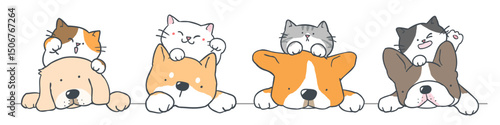 Vector Illustration of Cute Cartoon Dog and Cat Couple Characters on Isolated Background. Hand Drawn Vector Illustration. 