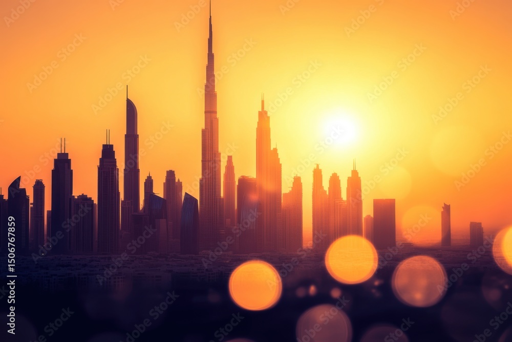 Obraz premium Golden hour sunset over urban skyline with silhouetted buildings and warm bokeh lights during summer solstice dusk, evoking a calm and dreamy atmosphere in the modern city.