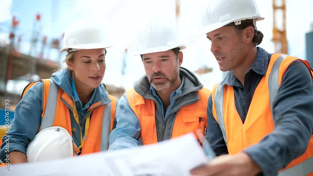 Team of construction workers reviewing architectural plans at a construction site. Team of construction workers reviewing architectural plans at a construction site.