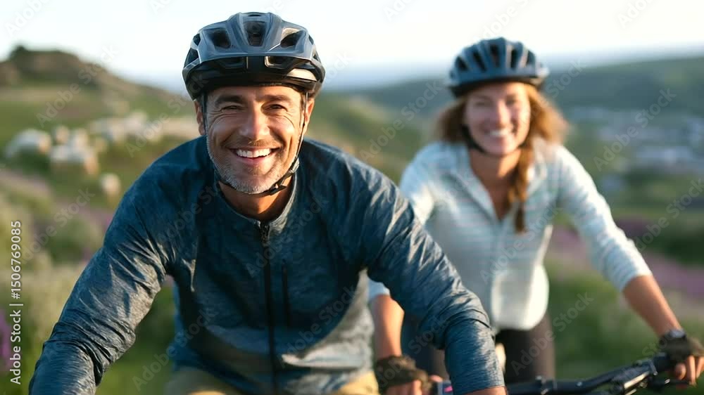 A couple enjoys a scenic bike ride through vibrant green landscapes under a clear blue sky. A couple enjoys a scenic bike ride through vibrant green landscapes under a clear blue sky.