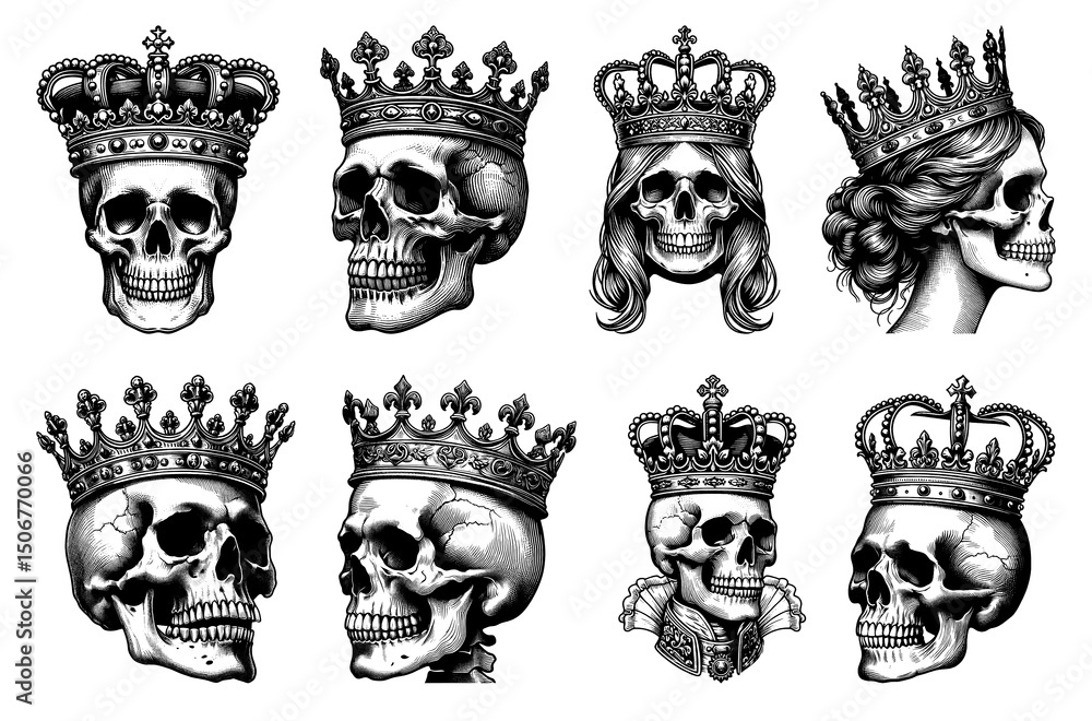 Fototapeta premium Skulls with Royal Crowns Set collection bundle sketch engraving generative ai PNG illustration. Scratch board imitation. Black and white image.