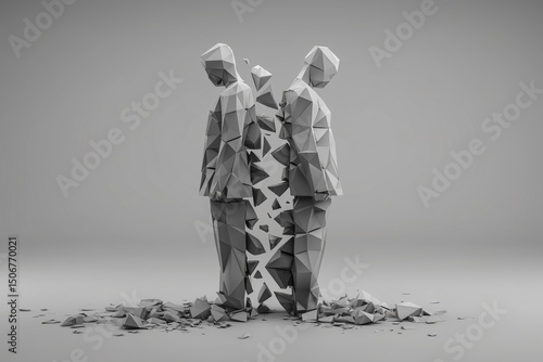 Two low-poly figures standing back-to-back, with a break in the form of triangles between them.