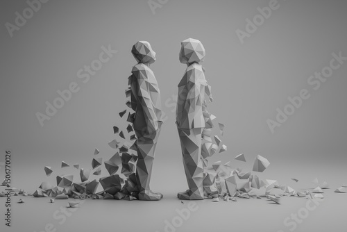 Two low-poly figures standing back-to-back, with a break in the form of triangles between them.