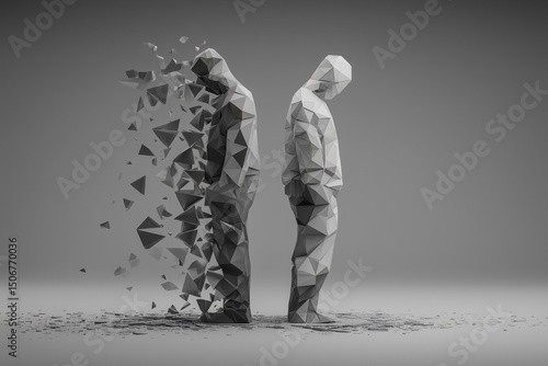 Two low-poly figures standing back-to-back, with a break in the form of triangles between them.