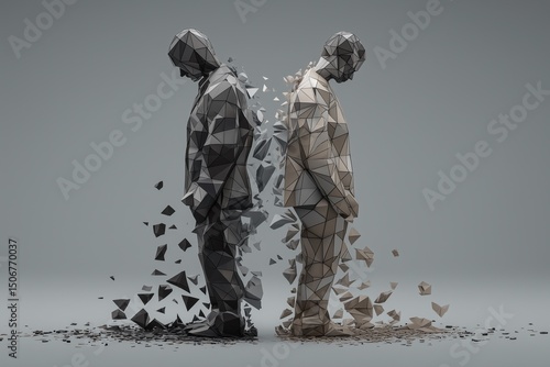 Two low-poly figures standing back-to-back, with a break in the form of triangles between them.