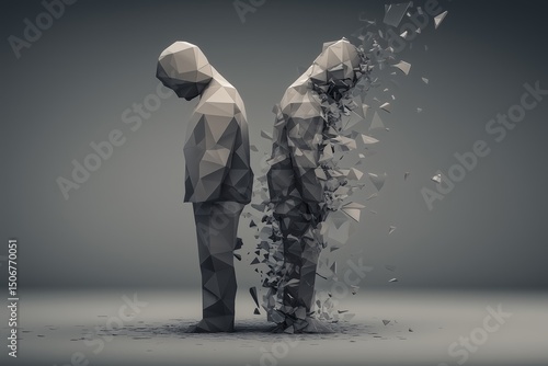 Two low-poly figures standing back-to-back, with a break in the form of triangles between them.