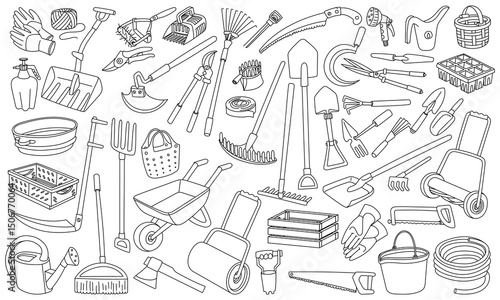 set of garden tools in the doodle style. variety of garden and vegetable garden care items. Gardening tools. product for agricultural crops. Suitable for ecology, garden, household, packaging design