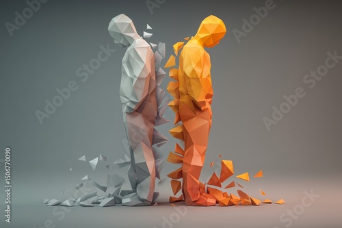 Two low-poly figures standing on opposite ends of a cracked earth fissure, with outstretched hands.