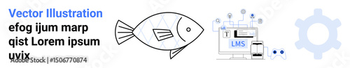 Minimal fish outline paired with technological elements, LMS screen interface, data connections, and abstract gear. Ideal for innovation, e-learning, sustainability, automation, education futuristic