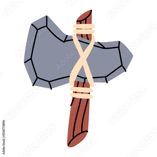 stone axe of an ancient man. stone tied to stick. Archaeological finds, Excavations, finds of human life. It is suitable for scientific materials, museum projects, textbooks, anthropology and history.