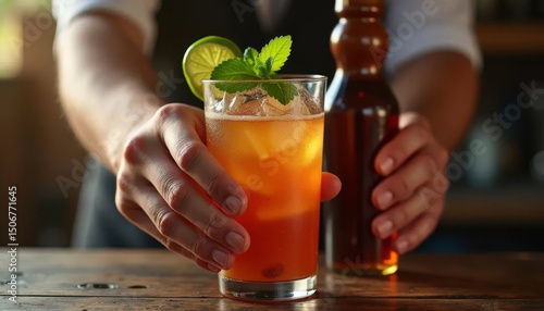 Close-up of hands holding a glass of Mamajuana with wooden bottle, rustic Caribbean setting