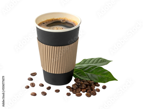 Takeaway black paper coffee cup with sleeve with coffee beans and leaves isolated on a transparent background png drinks design