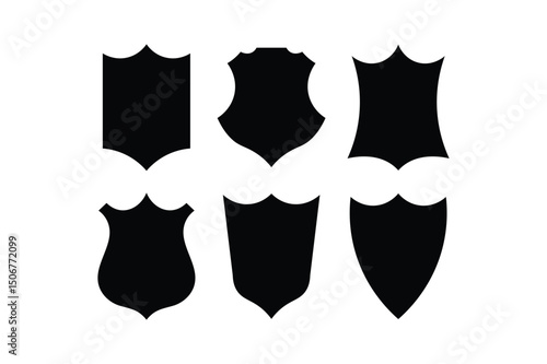 Six shield silhouettes in black color representing emblem badges and protection symbols