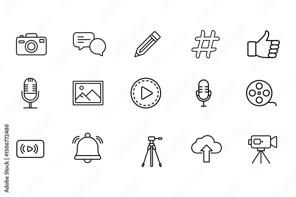 Fototapeta premium Media & Content Creation Line Icon Set – Video, Podcast, Photo & Social UI Elements