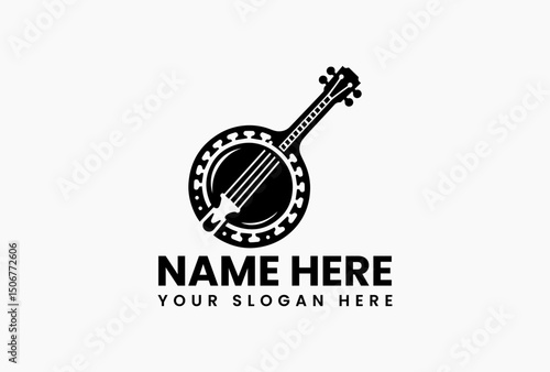 Elegant banjo instrument vector logo in black and white with decorative patterns for music lovers  