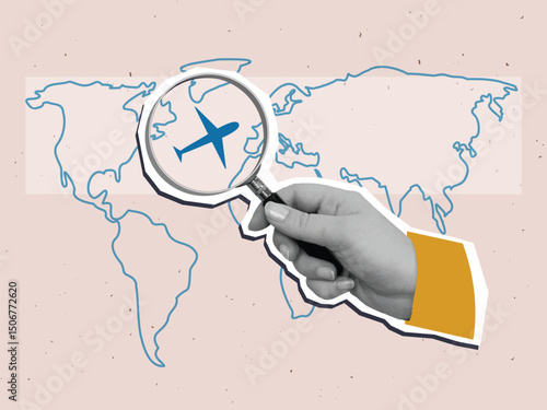 Hand with a magnifying glass look at silhouette of plane on the world map background. Travel concept. Modern photo collage style. Vector illustration