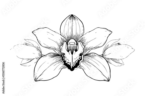 Intricate black ink sketch of a blooming orchid flower, hand-drawn style on clean white background, symbolizing elegance and nature beauty