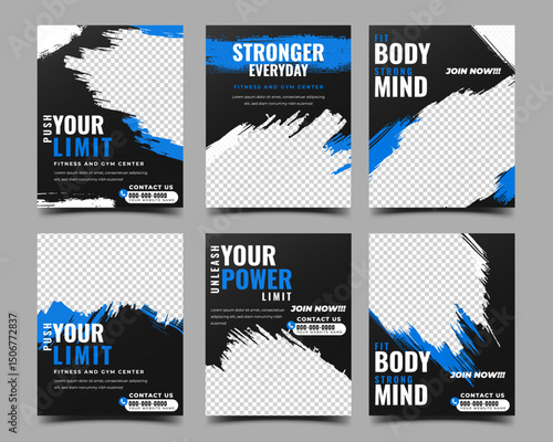 Gym, sports, fitness social media post design template collection. 4:5 ratio size promotional banner vector.