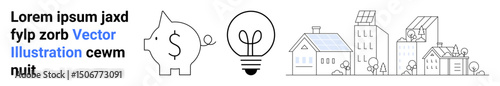 Piggy bank with dollar sign, light bulb with plant sprout, and eco-friendly houses with solar panels. Ideal for finance, sustainability, energy efficiency, eco-living, urban development, innovation