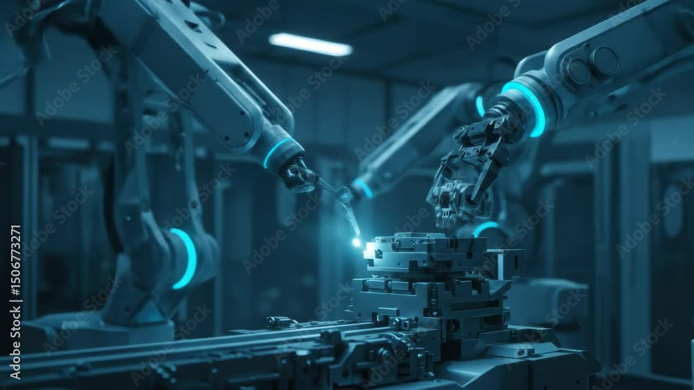 Automated assembly line with multiple robotic arms building complex machinery Automated assembly line with multiple robotic arms building complex machinery