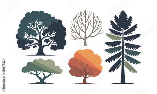 A Modern vector-style illustration set of various tree silhouettes, easily scalable and editable.