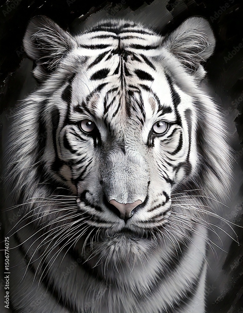 Kohlezeichnung, White Tiger in Kohle gerendert, Kohlezeichnungstechnik, strukturierte Kohlestriche, subtiles Verwischen, kühn, ausdrucksstark, dramatisch. Kohlezeichnung, White Tiger in Kohle gerendert, Kohlezeichnungstechnik, strukturierte Kohlestriche, subtiles Verwischen, kühn, ausdrucksstark, dramatisch.