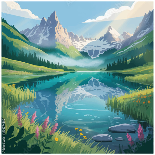 natural scenery tree river gress cloud sky flower hill stone.eps