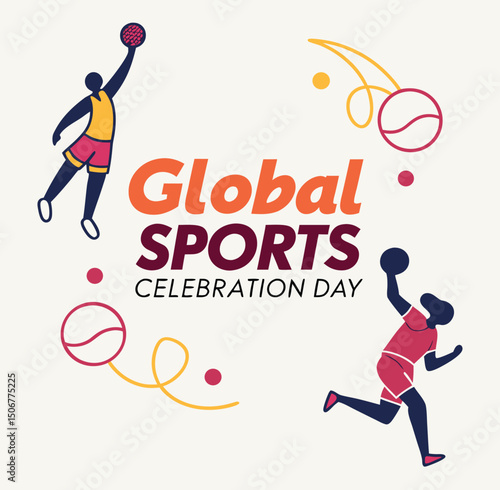  Global sports celebration day with athletes and balls in a colorful illustration