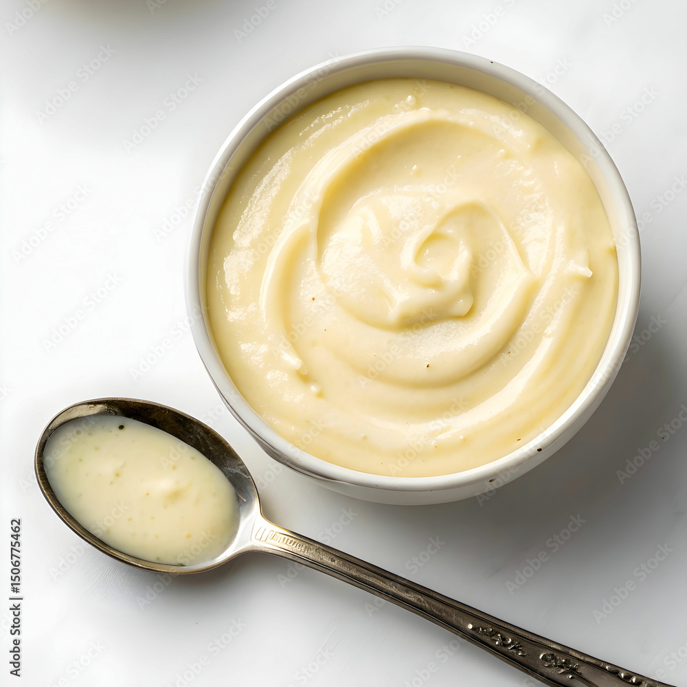 A top-down view of creamy aioli sauce isolated on white, showcasing its smooth texture and rich, garlicky appeal. A top-down view of creamy aioli sauce isolated on white, showcasing its smooth texture and rich, garlicky appeal.