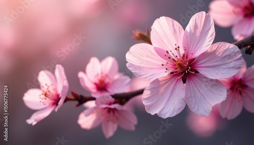 Delicate pink sakura blossoms, soft petals, intricate branch details, nature pattern, texture