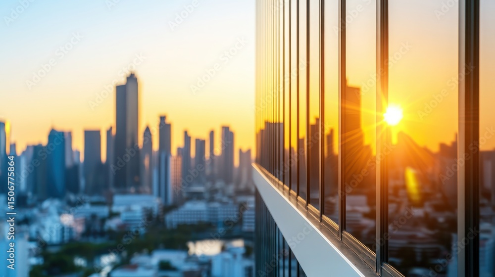 Fototapeta premium Modern City Skyline at Sunset with Reflections on Glass Buildings