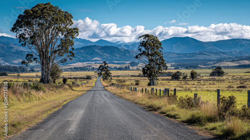 Wide road into distance, flanked by green fields and blue sky. High-definition, horizontal composition. Serene beauty.